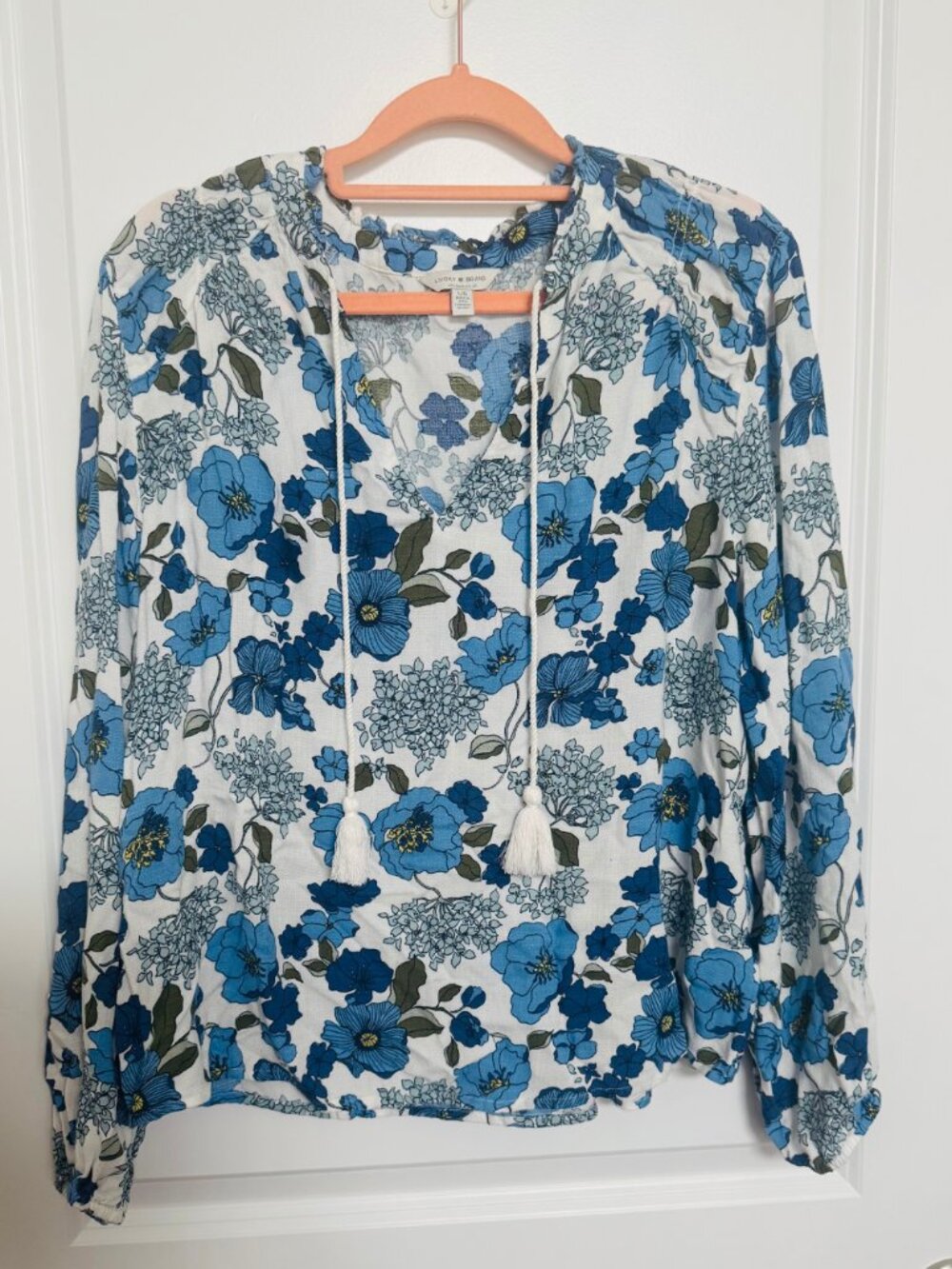 Lucky Brand Blue Floral Tassel Tie Neck Blouse Size L